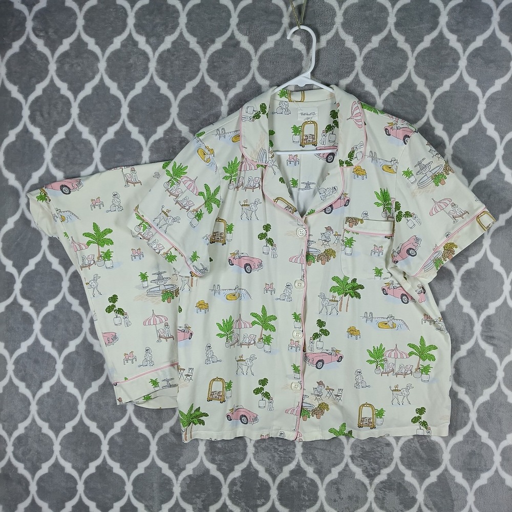 BedHead PJs Women XL Cream Poodle Print Cotton Stretch Button Up Pajama Set